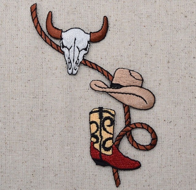 Iron on Embroidered Applique Patch Western Cow Skull Cowboy Hat BOOTS
