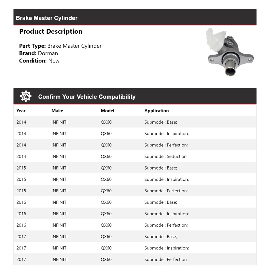 Cilindro maestro de freno Dorman Infiniti QX60 2014-2017 2015 2016 Foto 2 de 4