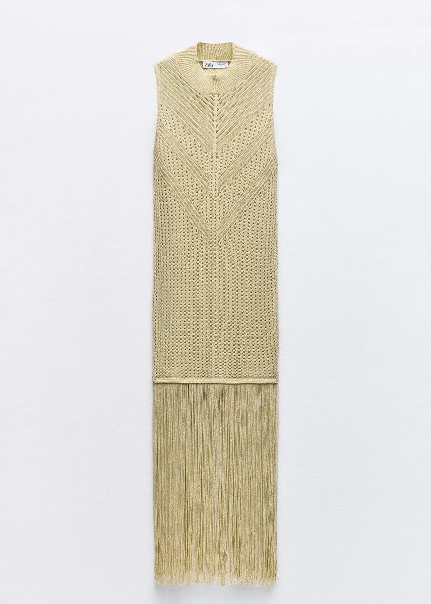 BNWT ZARA Gold Metallic Thread Fringed Long Knit Dress Size S | eBay UK