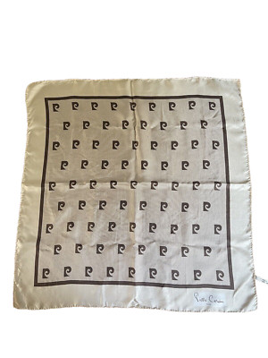 Vintage 70s Pierre Cardin Paris Signature Logo Silk Scarf Brown Ivory 25 x 26