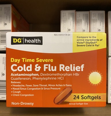 1 Case DG HEALTH DAYTIME SEVERE COLD & FLU MULTI-SYM Relief 24 Softgels EXP 4/25