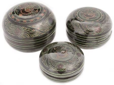 Set 3 Vintage Burmese Etched Yun Lacquer Round Box Container Burma SE Asian Old