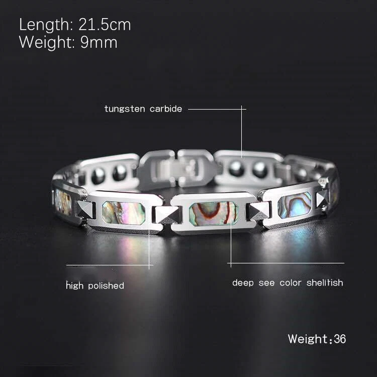 Pulseras de carburo de tungsteno plateadas de 10 mm para hombre con cadena de brazalete de salud con concha de abulón Foto 2 de 4