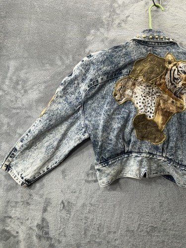 VTG Wild Cherry USA Made Zebra Tiger Jean Denim Crop Jacket Studs Small 80s 90s - Picture 14 of 20