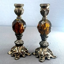 2 VTG Amber Brass Lucite Candle Stick Holder Hollywood Regency Gothic Witchy MCM