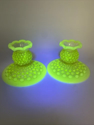 2 1940 ANTIQUE FENTON VASELINE OPALESCENT HOBNAIL ART GLASS TOPAZ CANDLE HOLDERS