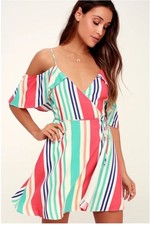 Lulus Caliente Multi Striped Off-the-Shoulder Wrap Dress size small