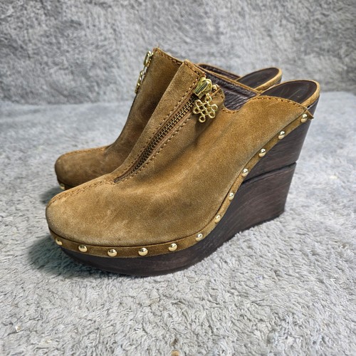 VTG Diane von Furstenberg Wedge Mules Tan Suede Studded Wood Clogs Women 8M