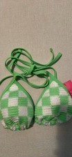 Women s Green/White Gingham Triangle Halter Bikini Top with Tie Accents