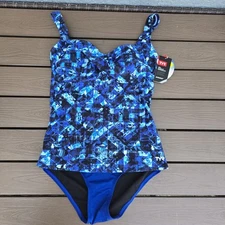 TYR Durafast Women's Makai Twisted Cup Blue Tank W/solid Bottom Sz 8 NEW Sample