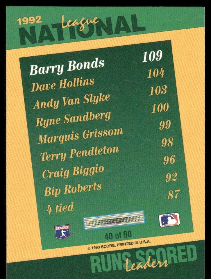 1993 Score Select Stat Leaders Barry Bonds Pittsburgh Pirates #40 - Image 2 of 2