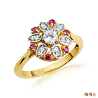 Gold Ruby Flower Art Deco Diamond Floral Ring (Available in Yellow/Rose/White)
