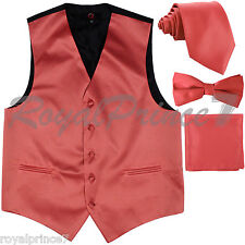 Coral Solid Tuxedo Suit Vest Waistcoat and Neck tie Bow Tie Hanky Wedding Party