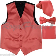 Coral Solid Tuxedo Suit Vest Waistcoat and Neck tie Bow Tie Hanky Wedding Party