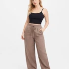 H&M Wide Leg Trousers Size 12 Waist 28 Length 30 Taupe Linen Blend Drawstring