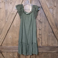 Indigo Rose Women’s PS Olive Green Boho Dress Eyelet Cap Sleeves Ruffle Hem