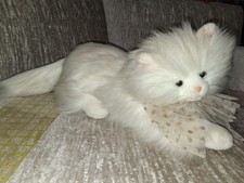 Vtg White Persian Cat Stuffed Plush Golden Eyes Gold Bows Lifelike 1980s Or 90s