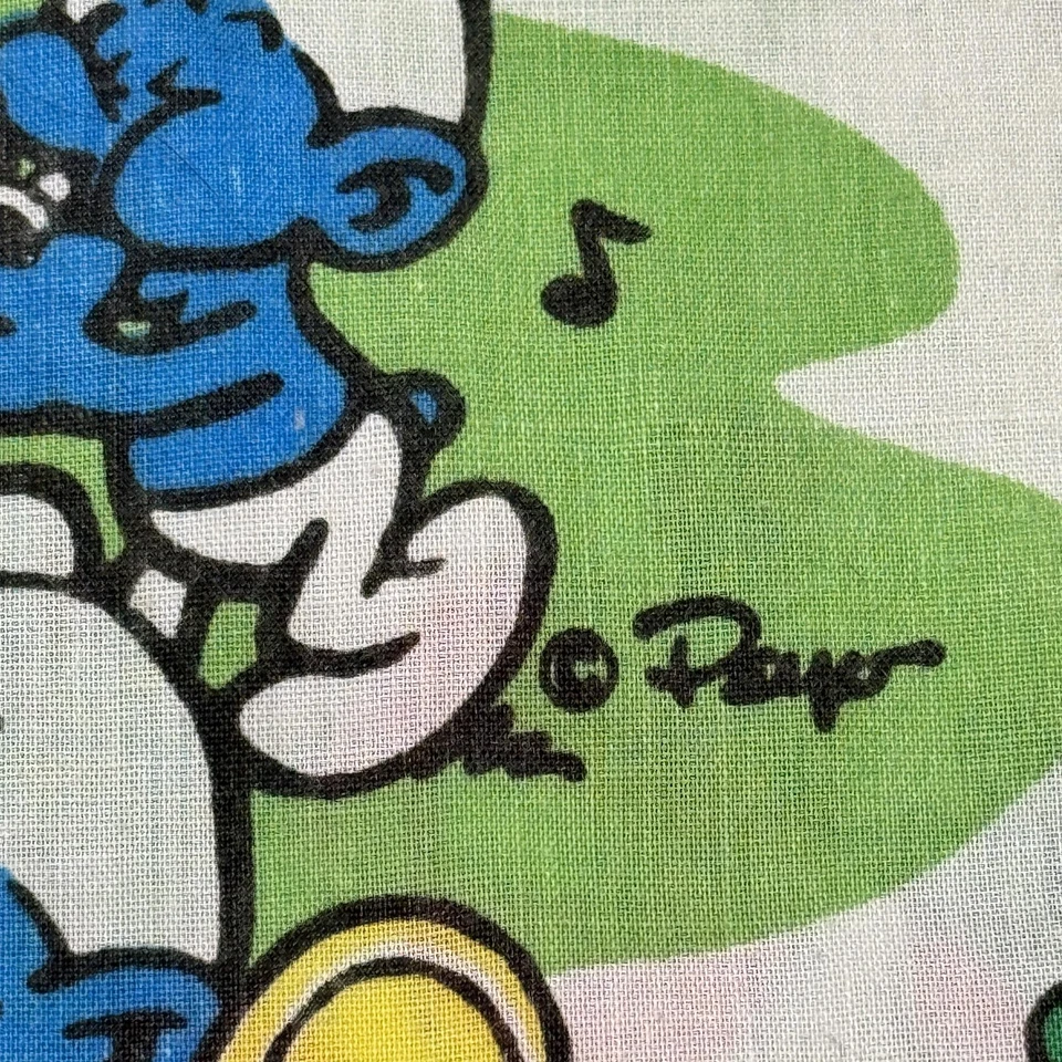 Sábana plana vintage de los Pitufos Peyo Mushroom Village banda tela años 80 dibujos animados ropa de cama Foto 3 de 4