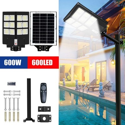 600W Commercial Solar Street Lights Dusk Dawn PIR Sensor Outdoor LED Lamp + Pole