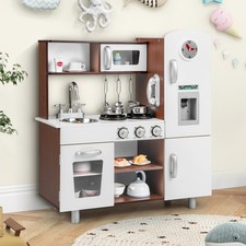 Kids Kitchen Playset Realistic Sounds Lights Brown White Wooden Cooking Toy New