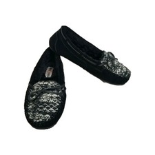 Minnetonka Black Suede Knit Detail Sherpa Fleece Lined Rubber Sole Slippers 10