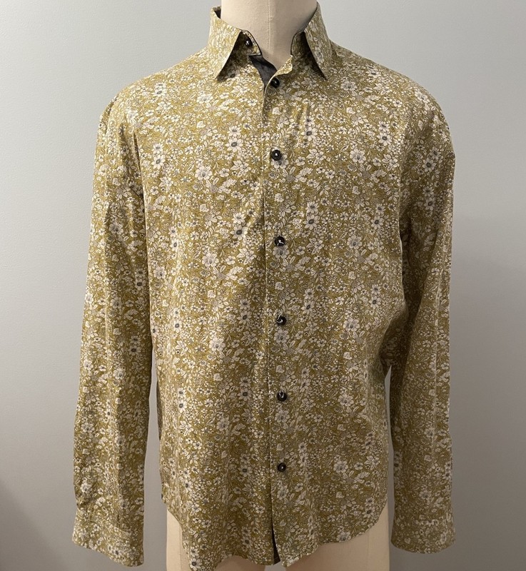 Haight & Ashbury Studio Fitted Button Up Shirt 5/XL, Green Printed Cotton