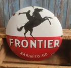 Vintage Frontier Gas Porcelain Metal Domed Sign Cowboy on Rearing Horse
