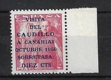 Spain: 1950; Scott B138, set Caudillo a Canarias, overprint, edge, MNH, EBES171