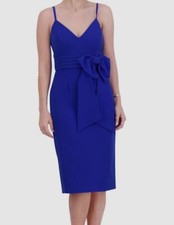 Eliza J Women's Blue Lined V Neck Bow-Trim Midi Sheath Dress Size 14