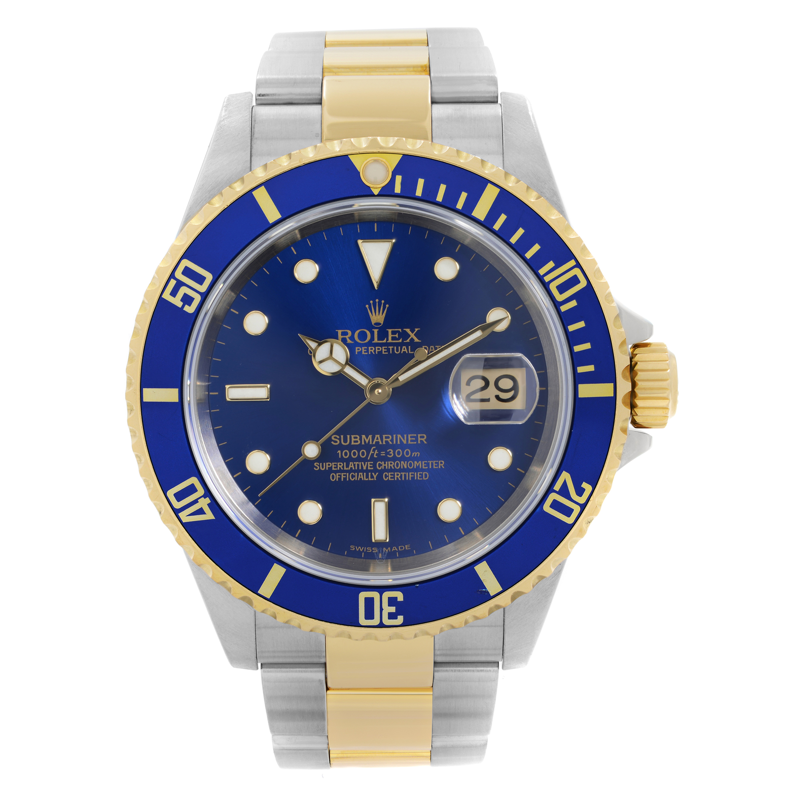 Rolex Submariner 40mm 18k Gold Steel Blue Dial Automatic Men Watch 16613 T