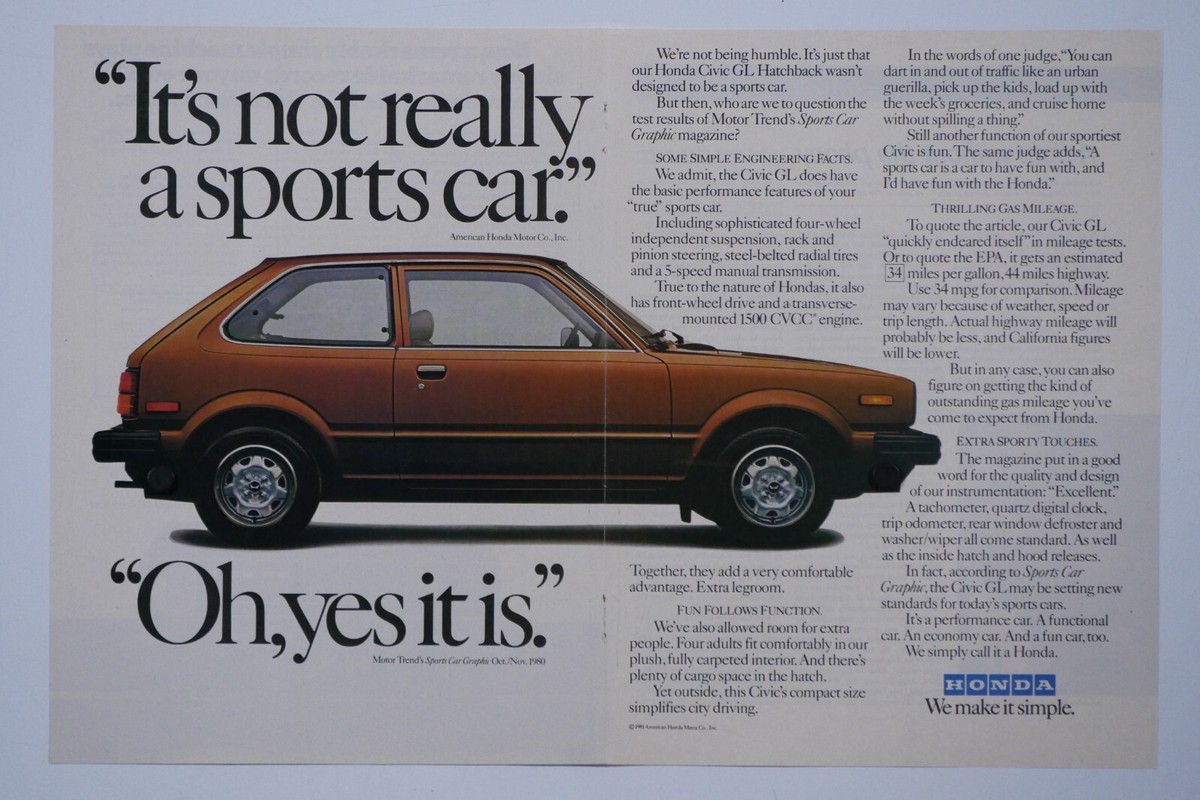 1981 Honda Civic GL Vintage Centerfold Original Print Ad 16 x 11