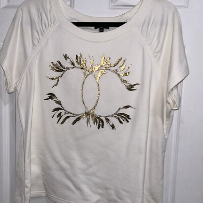 FABULOUS CHANEL 18C 2018 RUNWAY WHITE GOLD CC TOP SHIRT TEE MEDIUM 