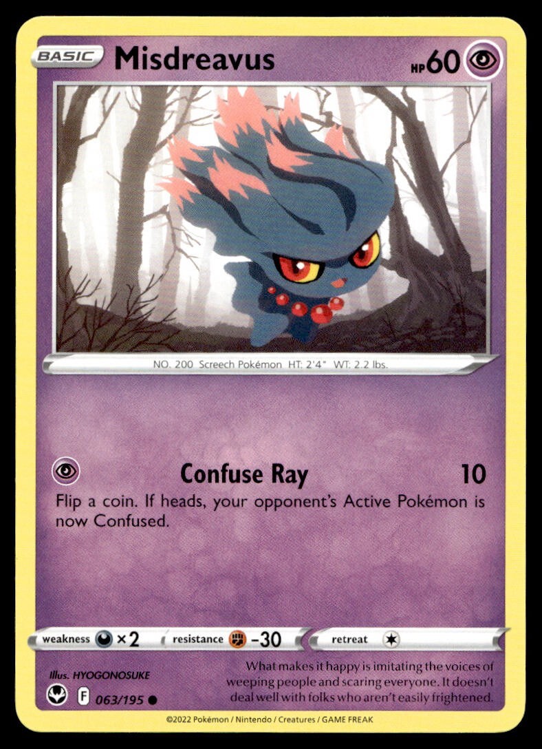 Misdreavus 63/195 Pokemon Card Silver Tempest Common 60 HP Near Mint T26