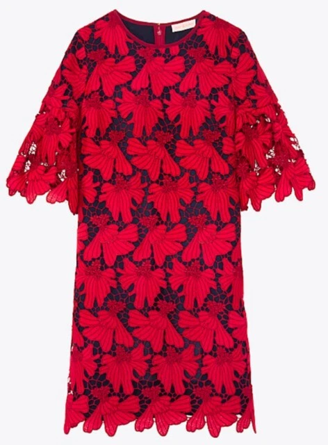 (Nuovo con etichette) Abito a tubino Tory Burch rosso pizzo sopra blu navy Nicola seta guipure $498 taglia 2