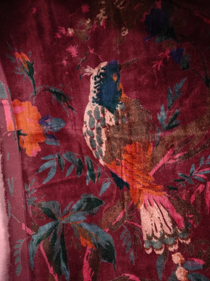 Hermosa tela de terciopelo suave impresa de pájaros tela de tapicería para correr india patio Foto 4 de 4