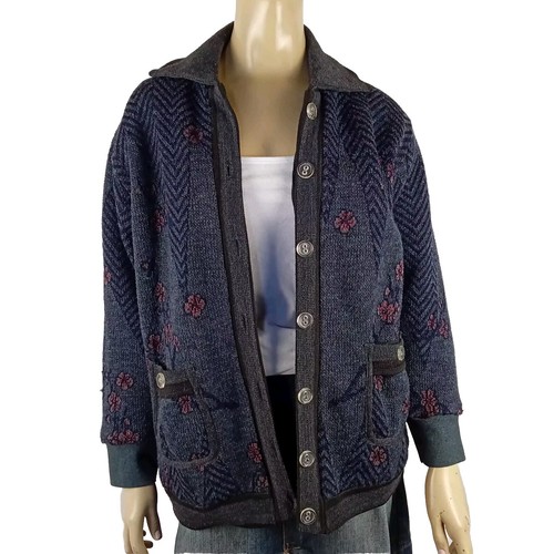 VINTAGE COAT ladies size M lambswool blend knit dark grey floral cardigan jacket - Bild 2 von 11