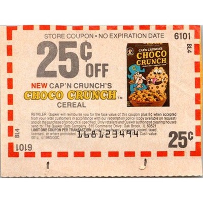25¢ Off New Cap'N Crunch's Choco Crunch Cereal Oak Brook IL 1980s Coupon SAI1-M8