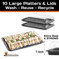Platterplus 10 Large Reusable Black Sandwich Platter Trays with Deep Lids.