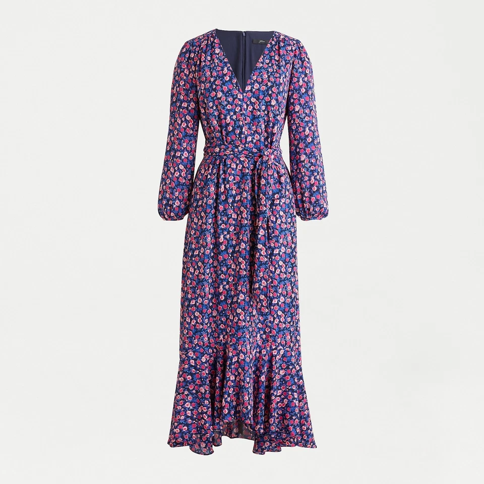 J. Vestido midi Crew para mujer talla 0 cintura atada punteado floral con volantes dobladillo manga larga Foto 2 de 4