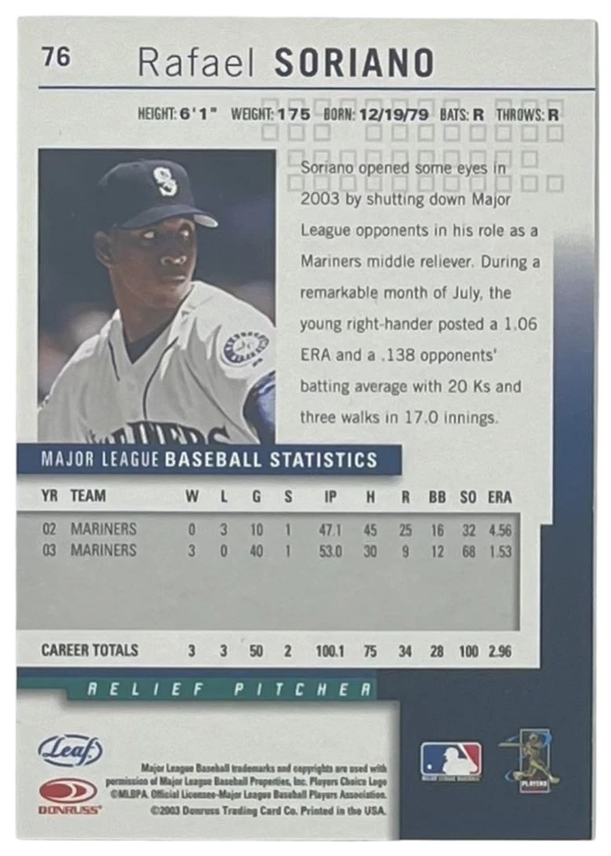2004 Leaf Second Edition Auto #76 Rafael Soriano Seattle Mariners - Image 2 of 2