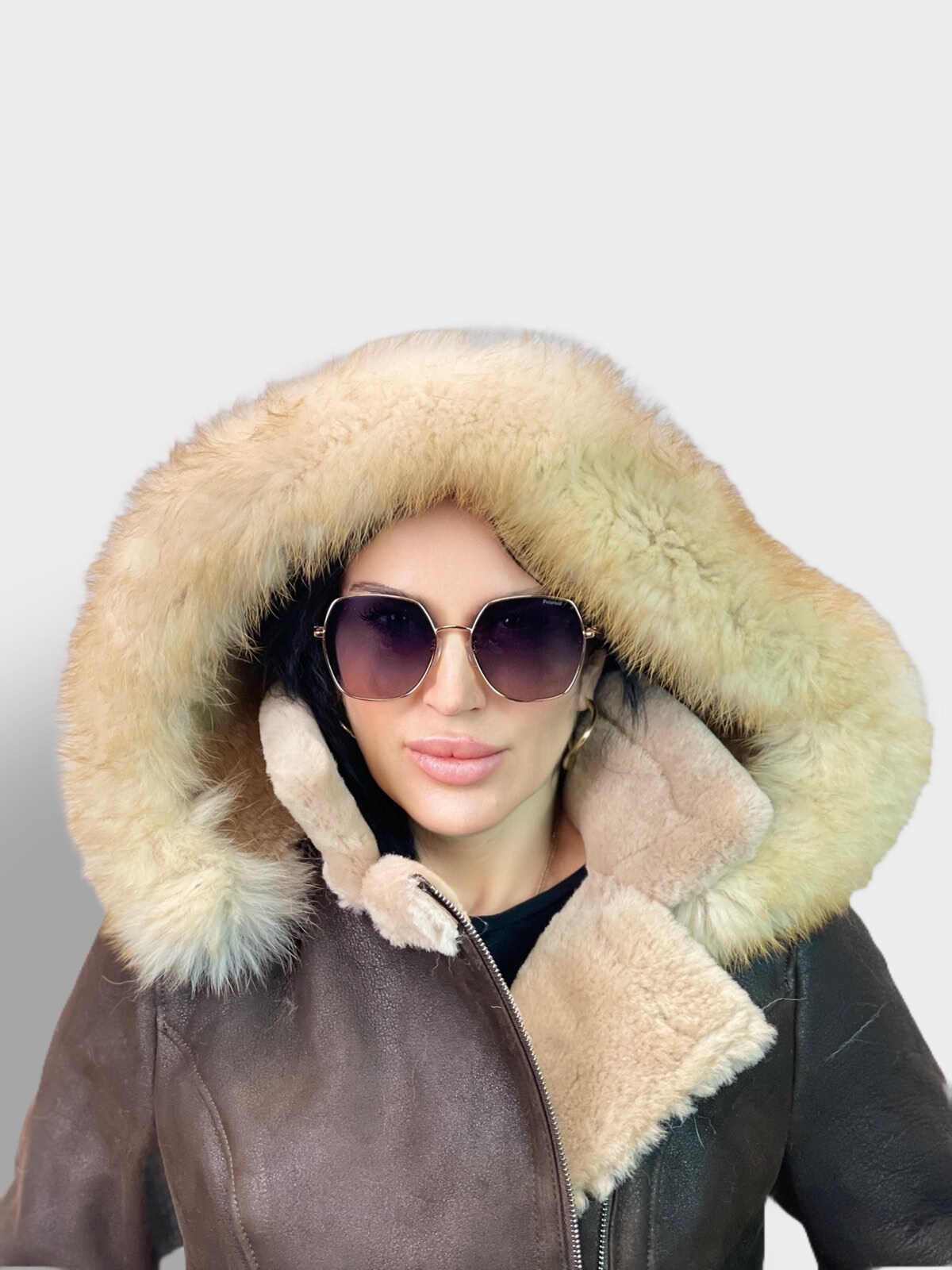 BROWN REAL SHEEPSKIN SHEARLING LEATHER REAL FOX ON HOOD COAT JACKET BELT XS6XL eBay