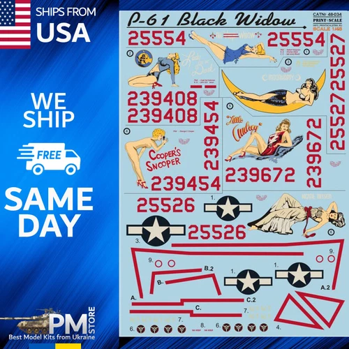 Print Scale 48-034 Decal for P-61 Black Widow Part 1 1/48