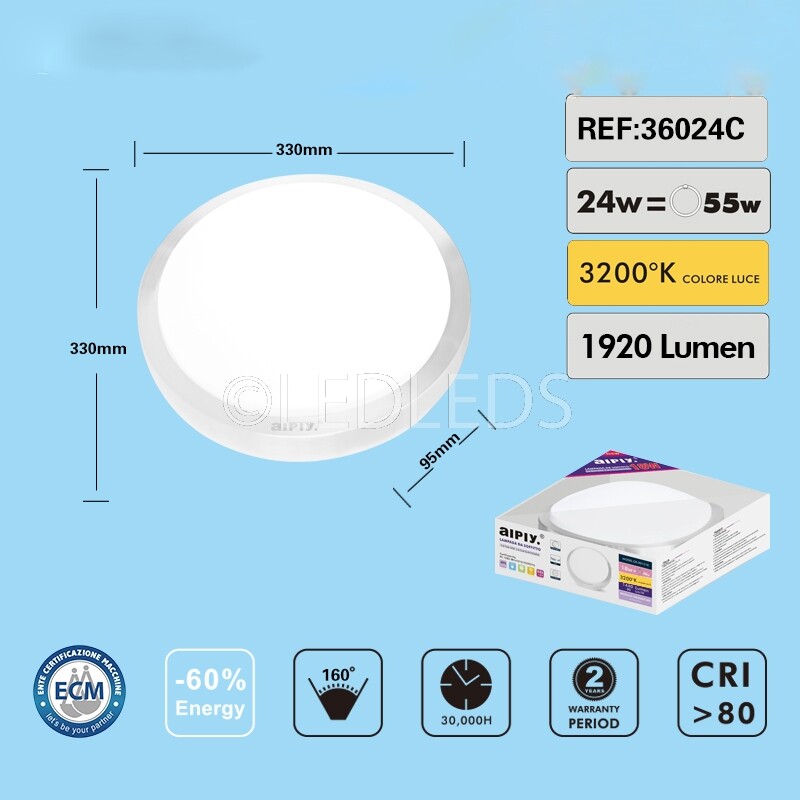 Plafoniera LED 24W Tonda Luce Calda 3200K - Applique Soffitto Parete