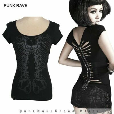 Women Summer Black Slim T-shirt Gothic Visual Kei Hollow-out Skull Print Tee Top