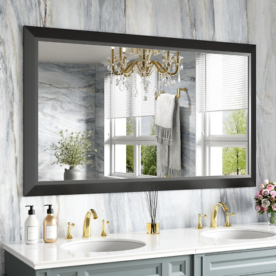 Large Black Metal Framed Bathroom Mirror - 50x30 Inch Wall-Mounted Design
