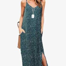 HUSKARY Women's Summer Casual Sleeveless V Neck Strappy Split Loose Dress Beach
