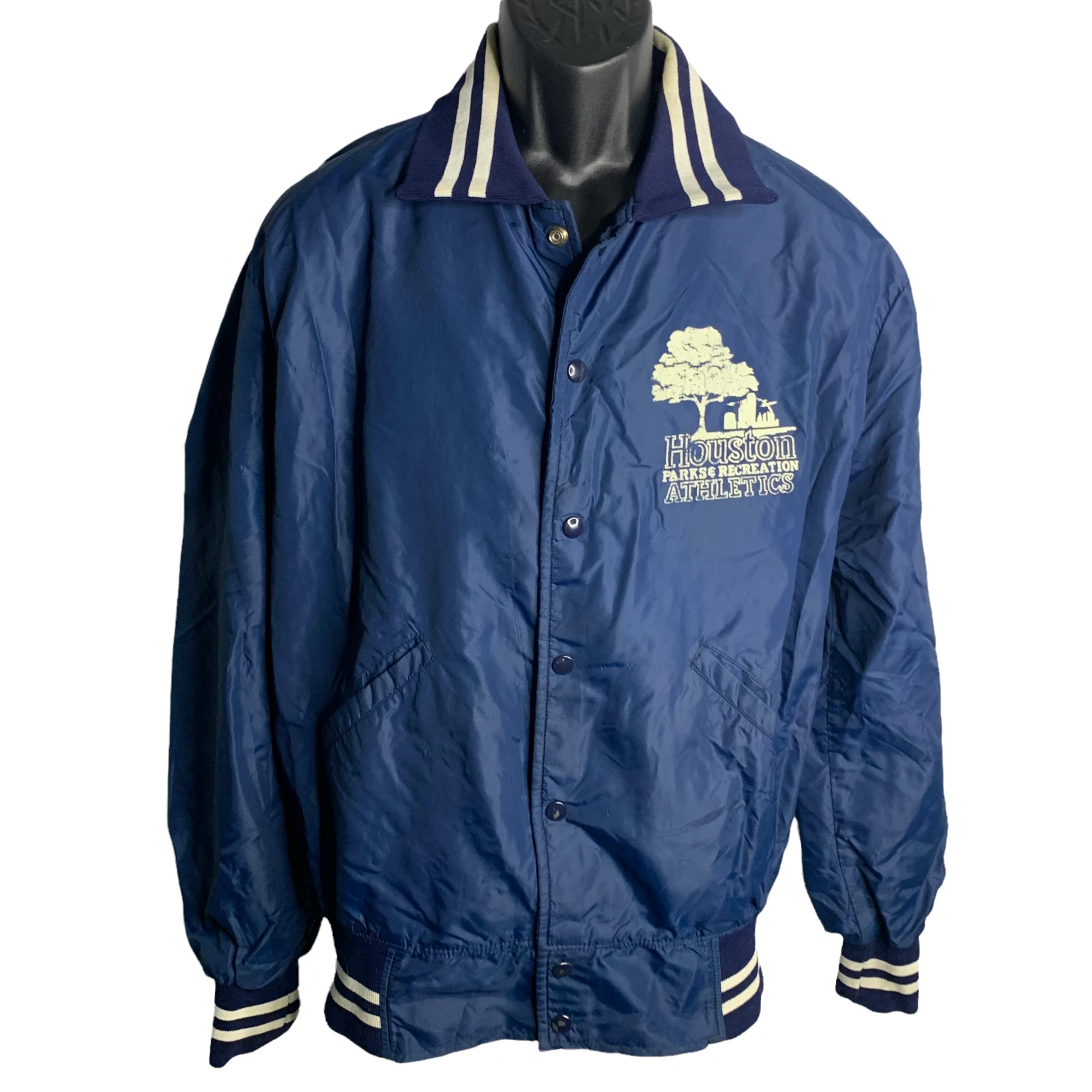 Vintage Houston Athletics Windbreaker Jacket XL Navy Blue Lined Snaps Pockets