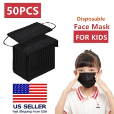 50Pcs For KIDS Children Black Face Mask Non-Medical Disposable 3-Ply Mouth Cover