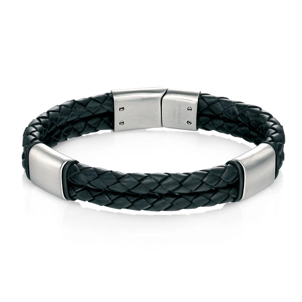 Fred Bennett Black Leather Bracelet with Brush Finish B4373
