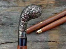 Vintage Fancy Hand Carved Walking Stick Wooden Cane Victorian Brass Handle Gift